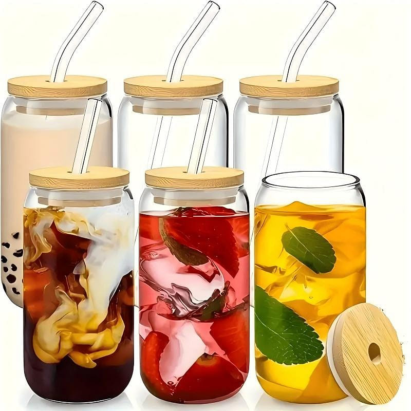 Set of 6 transparent glass cups with lids 500 มิลลิลิตร