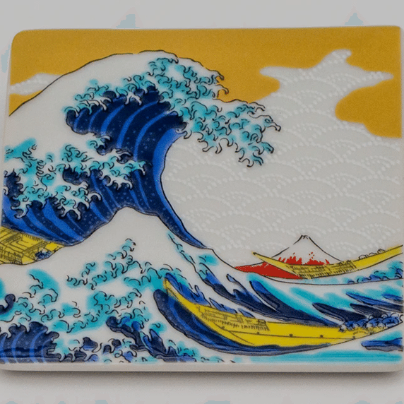 Kutani Ware Handmade Square Coaster (Hokusai Wave, 3.54" x 3.54") Made in Japan 1 개