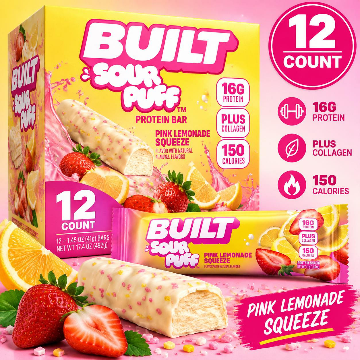BUILT Sour Puff Pink Lemonade 1.45oz 12ct 1 each