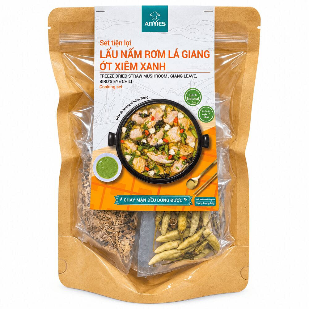 Dried Straw Mushroom, Giang Leaf, Green Chili Set 65 g