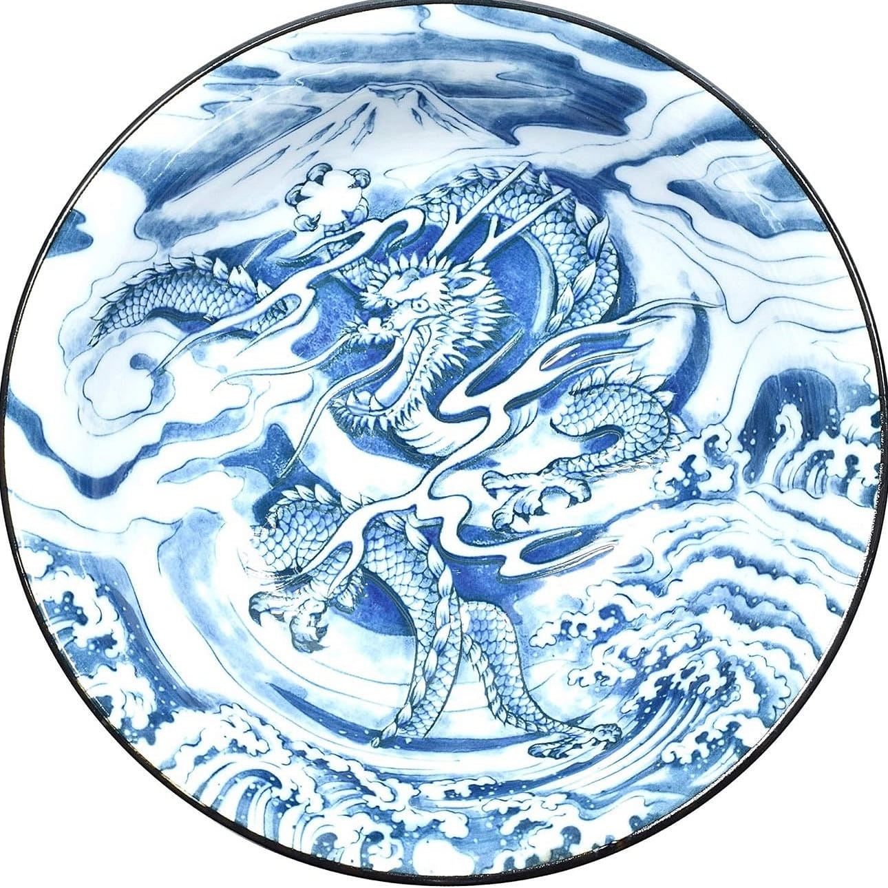 美濃燒日本大口陶瓷碗,烏冬拉麪湯碗,龍紋設計,藍色 28 盎司