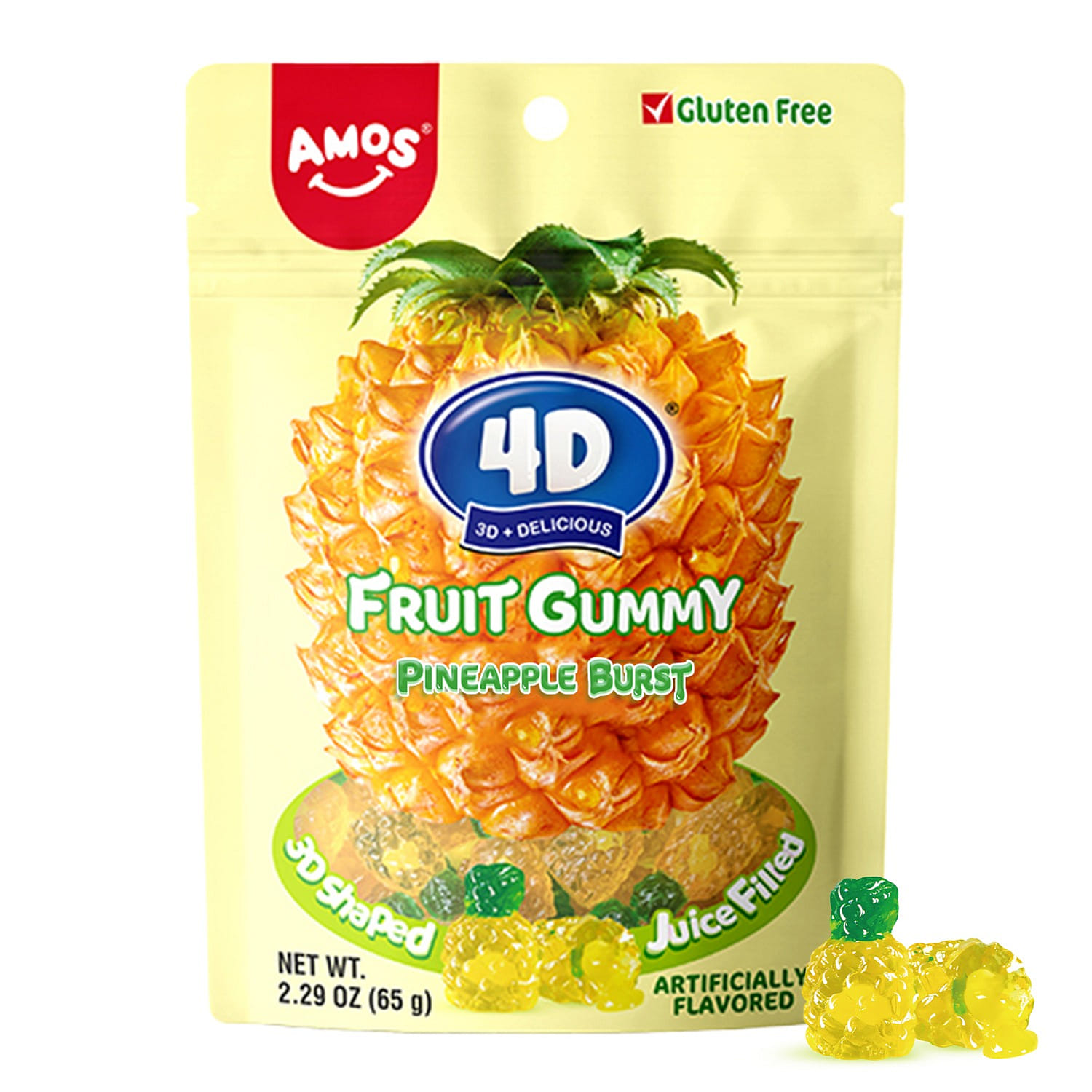 Amos 4D Fruit Gummy Pineapple Burst, Fruity Snacks Made with Real Juicy Candy 2.29 온스