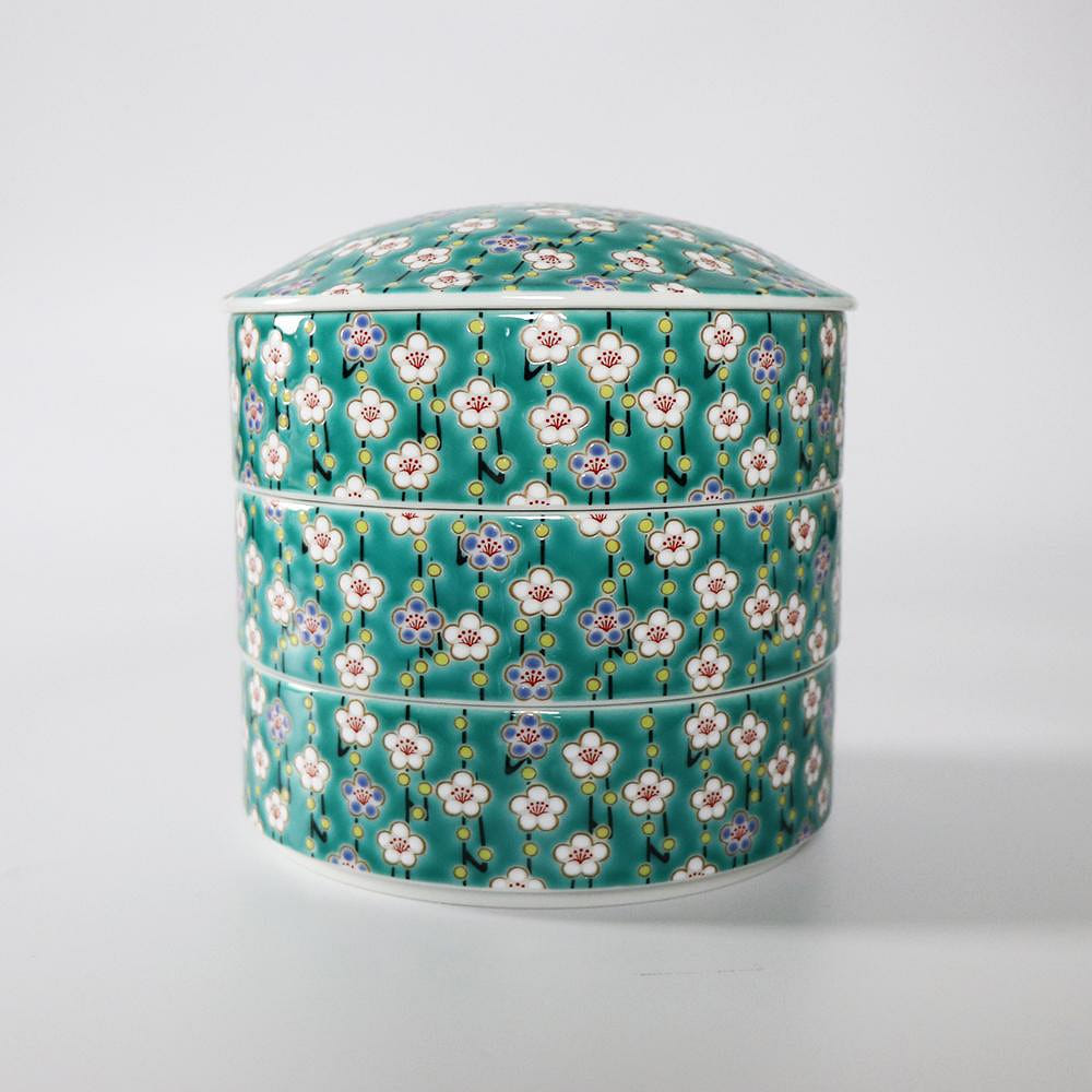 Kutani Ware Handmade 3 Tiered Bento Box (Plum, 6.1" x 6.1") Made in Japan 1 カウント