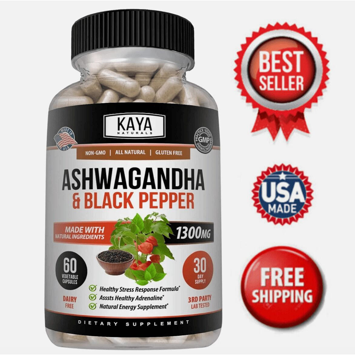 Ashwagandha Capsules 60ct 1300mg Supplement w/ Bla 1 bottle
