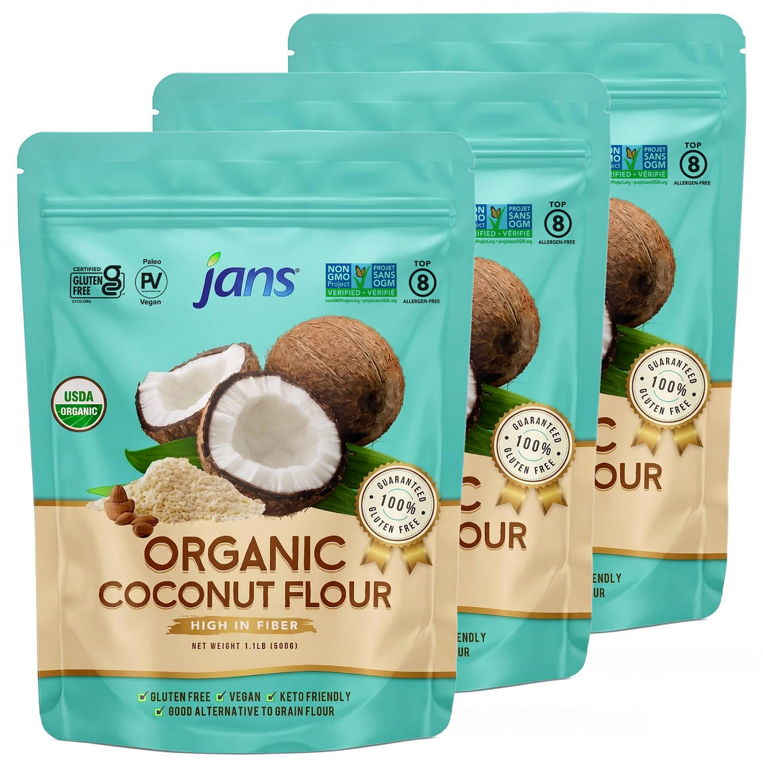 Jans - オーガニック ココナッツパウダー 500g 3個パック 1.1 ポンド*3 パック