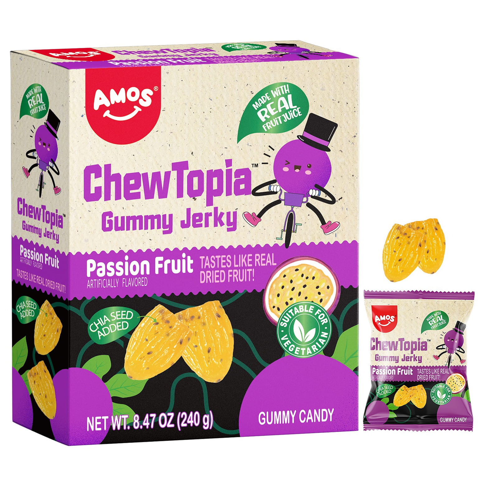 Amos Passion Chewy Fruit Gummy Vegan Snack 240 그램