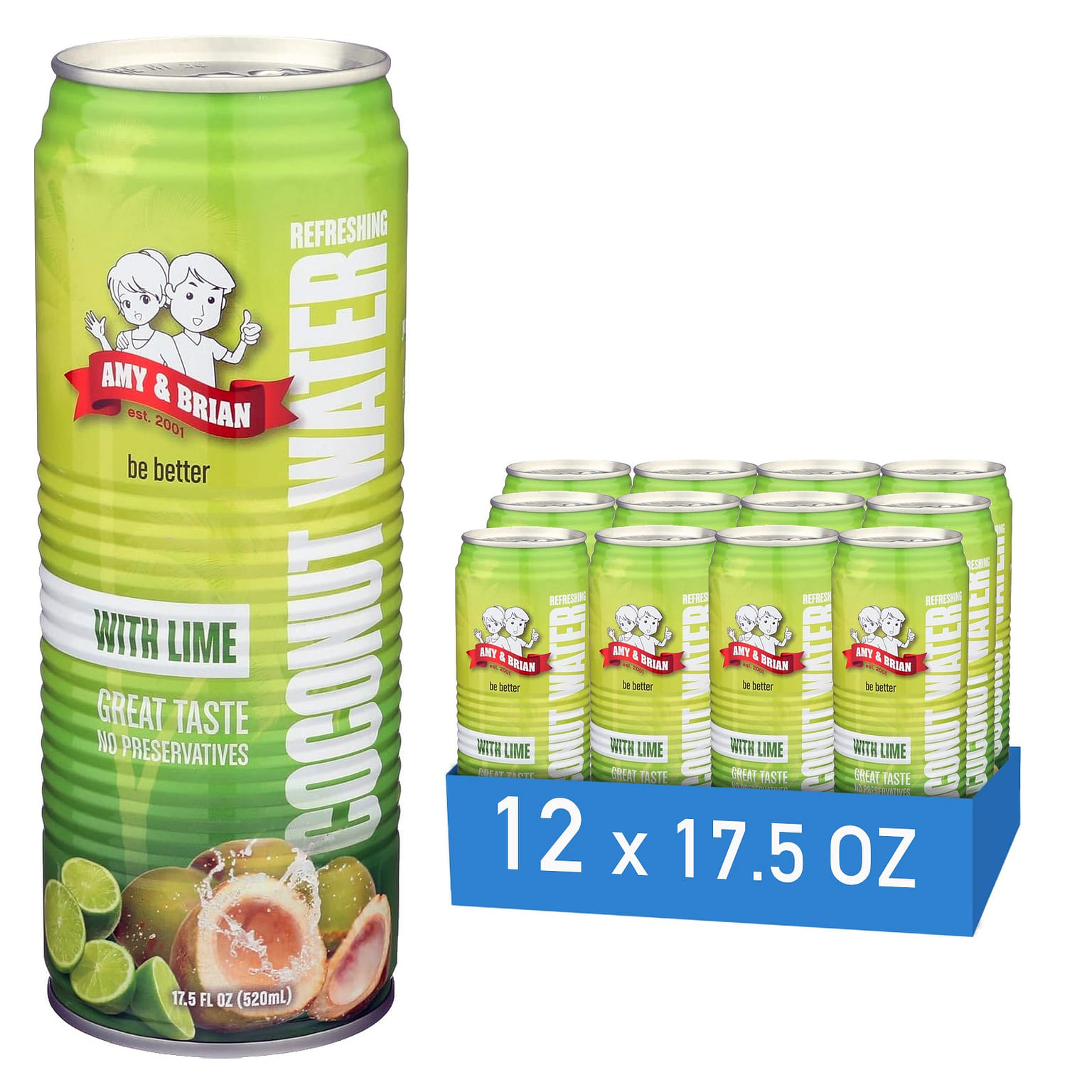 Amy & Brian Premium Coconut Water with Lime Non-GMO 12 x 17.5 Fl Oz 210 液盎司
