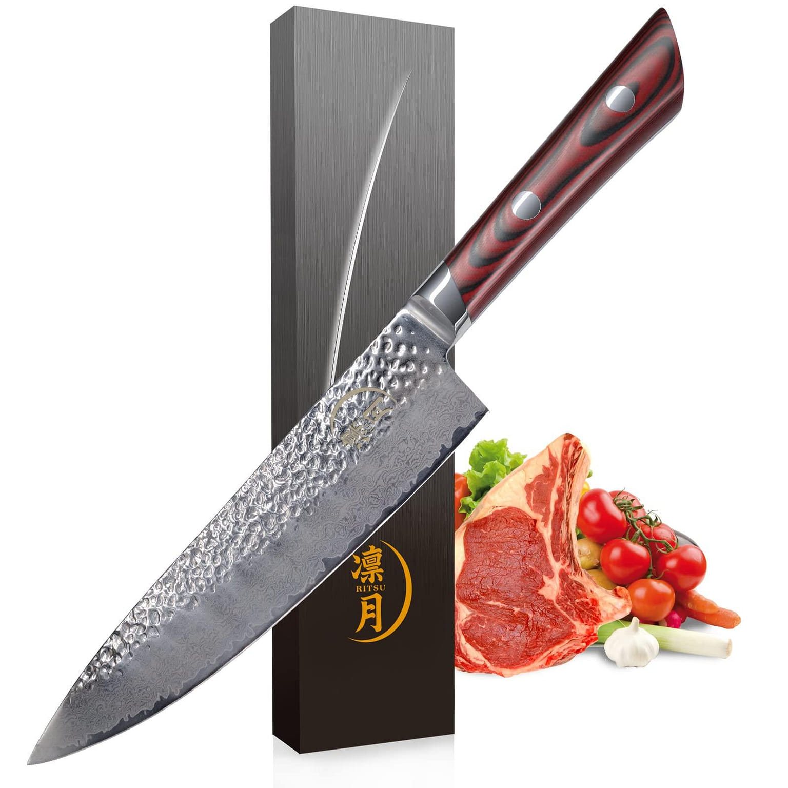 RITSU 8 Inch Damascus Chef's Knife, AUS-10 Damascus Steel Japanese Knife 0.61 pao