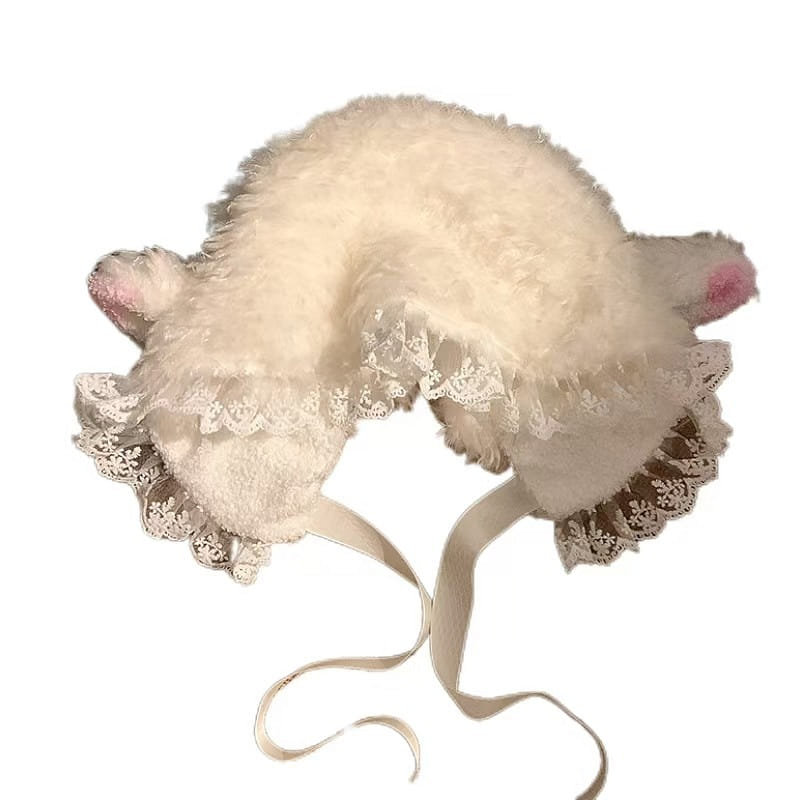 【中国直邮】 FOXTAIL 白色小羊帽子 秋冬 可爱软糯 拍照毛绒包头护耳帽 -蕾丝款 1个 1 个