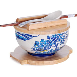 Happy Sales, Japanese Kamameshi Vintage Style Rice Noodle Ramen Bowl with Bamboo 28 oz