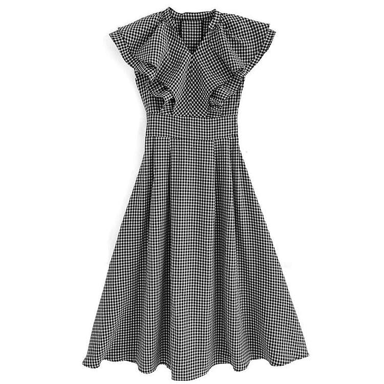 GRL Plaid Ruffle Dress Black M