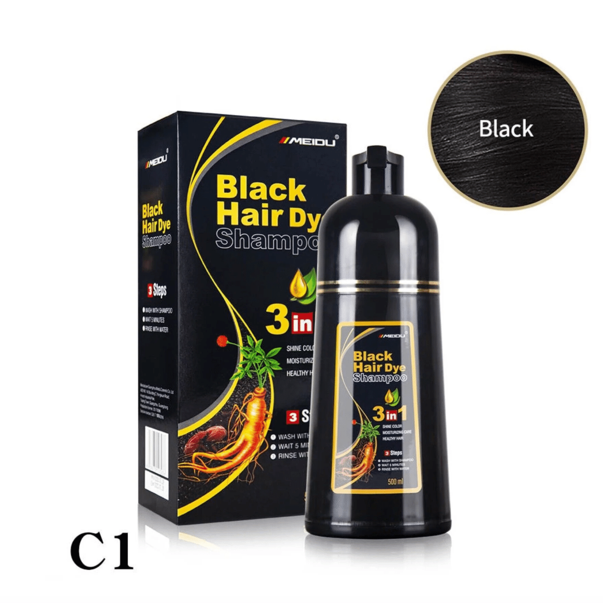 Meidu 3 in 1 Natural Hair Dye Color Shampoo Black 500 밀리리터