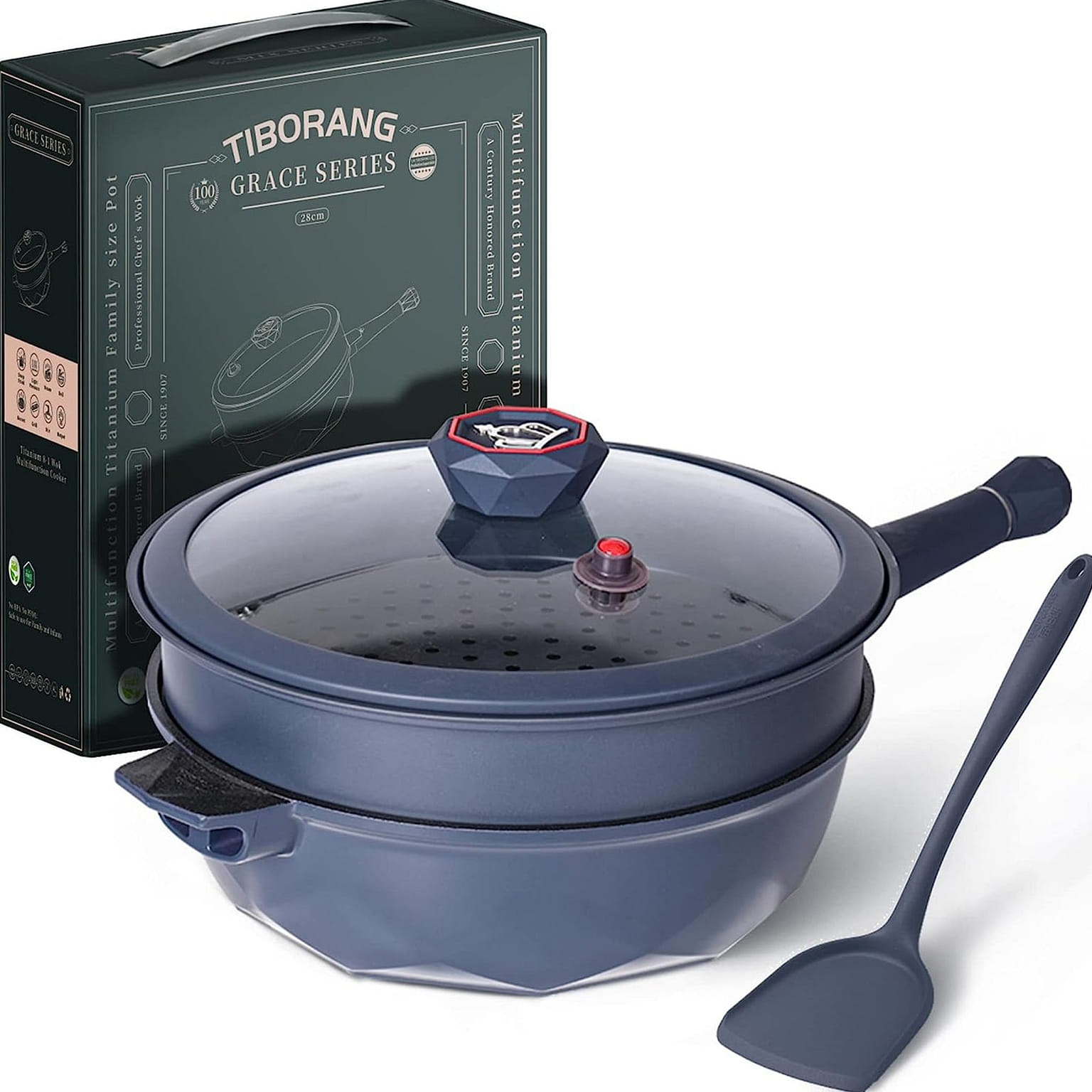 Tiborang 11" Frying Pans Nonstick with Lid 5 Quart Deep Wok with Steamer(Navy) 5.7 ปอนด์