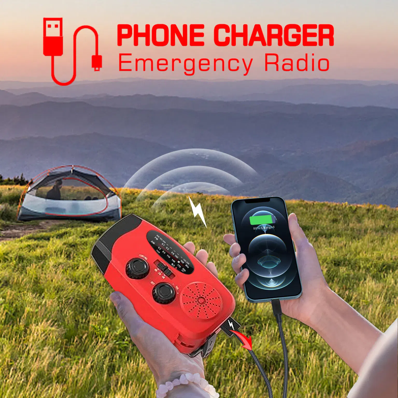 Emergency Hand Crank Radio with LED Flashlight for Emergency, AM/FM NOAA Portable Weather Radio with 2000mAh Power Bank Phone Charger, USB Charged & Solar Power for Camping, Emergency 1 ส่วน