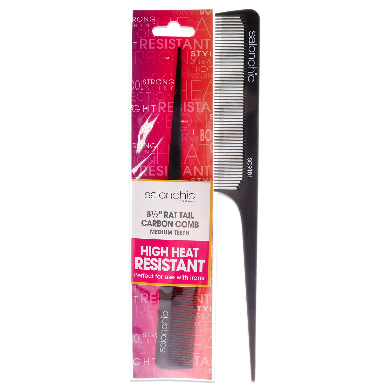 SalonChic의 Rat Tail Carbon Comb 내열성 8.5 - 중간 이빨 남녀공용 - 1개 빗 1 개입