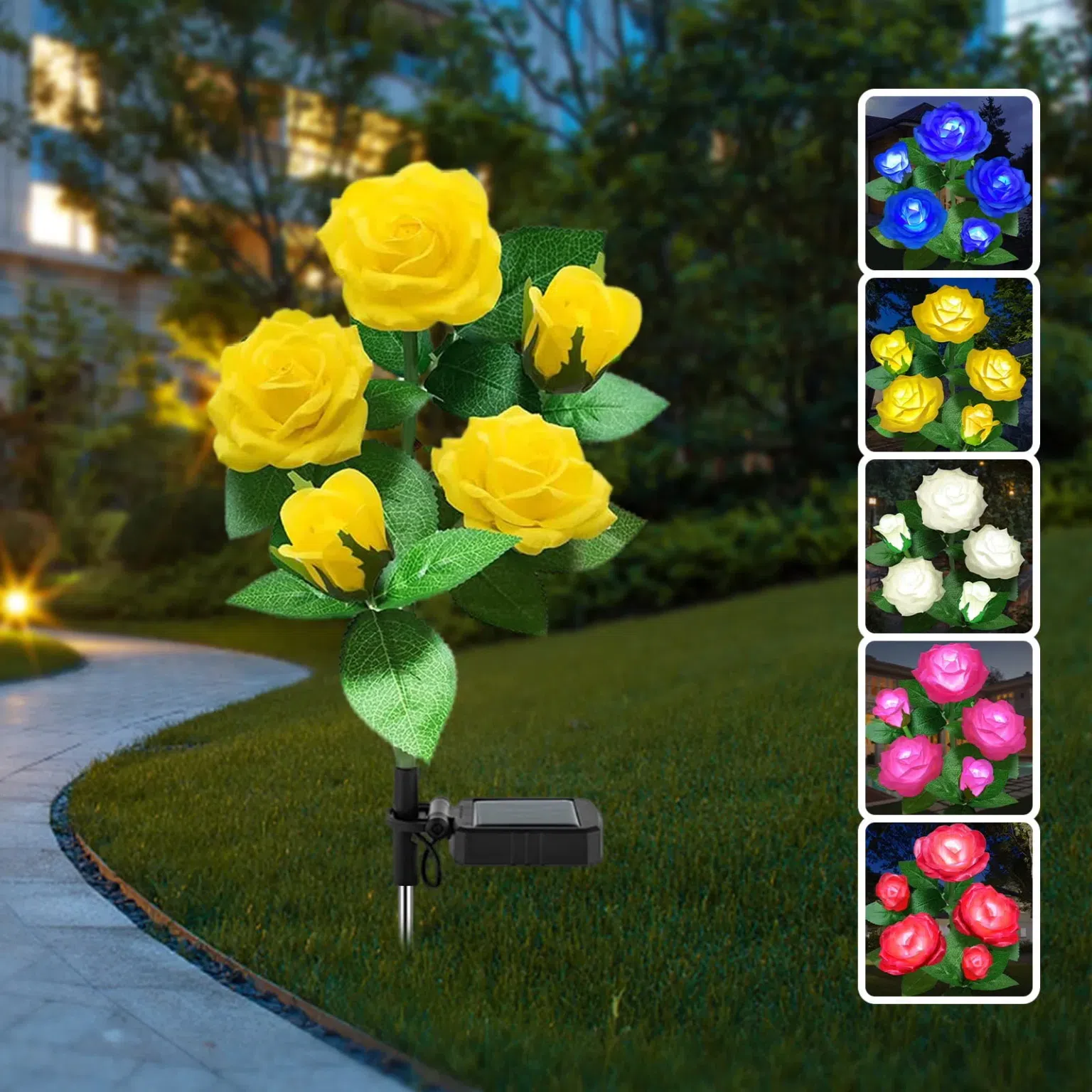 LED Solar Flower Light, Outdoor Solar Landscape Lights with 5 Rose Flowers, Waterproof Solar Garden Lights for Patio Yard Pathway Decoration, Yellow 1 each