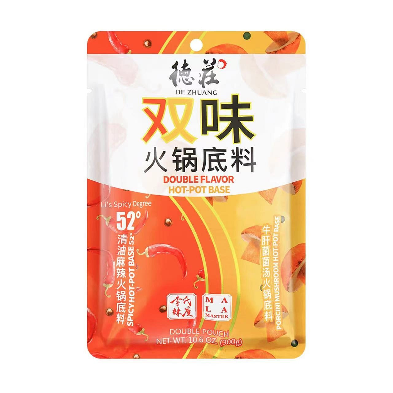 DeZhuang Double Flavour Hot-Pot Base(Spicy 52°/Porcini Mushroom Soup) 300 그램