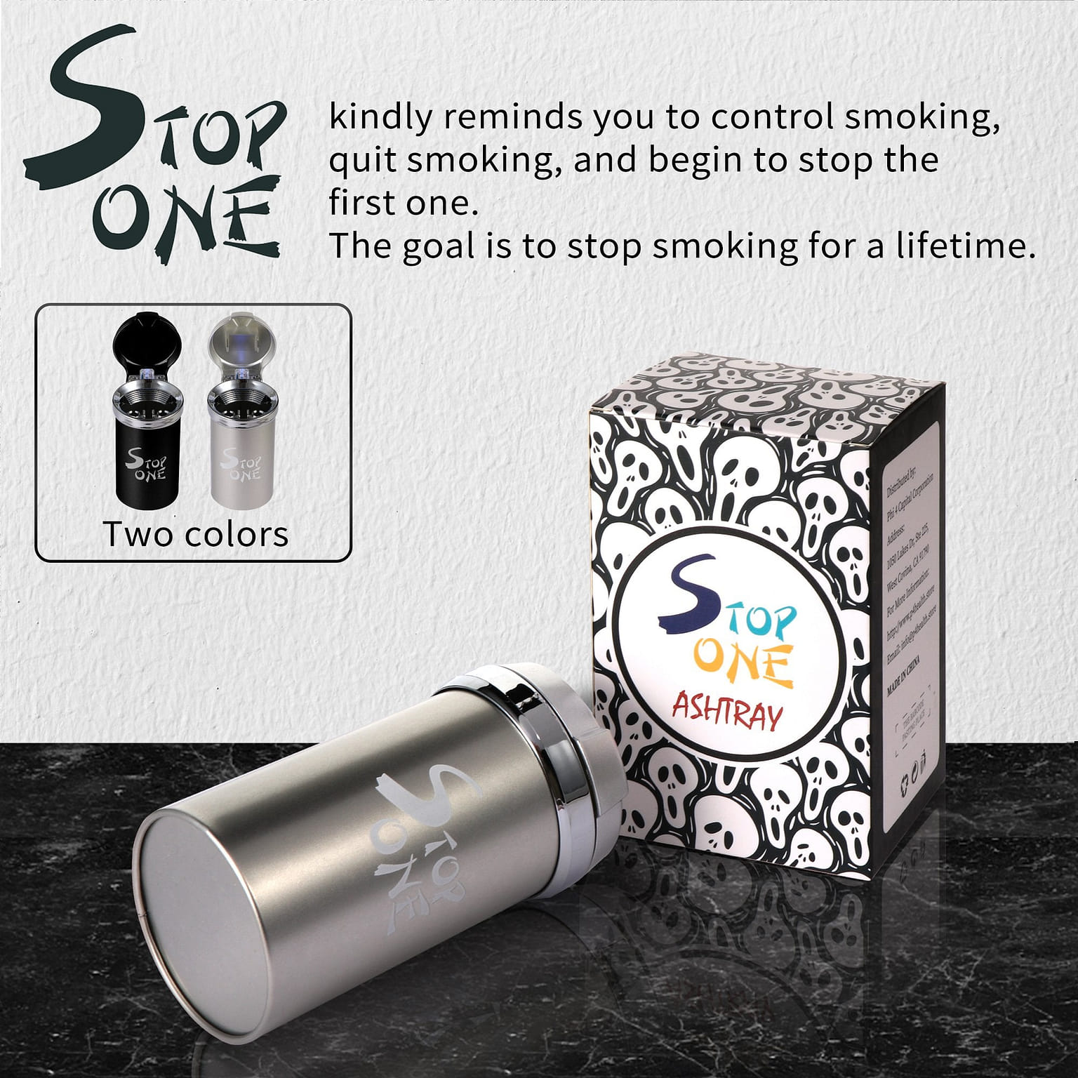 STOP ONE Car Ashtray, Portable Ashtray, CA-541 Auto Ash Tray with Lid and Led, Silver Sliver 1 개