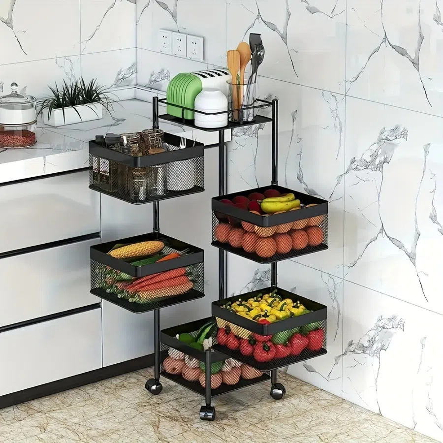 Rotating Kitchen Storage Shelf 5 Tier, Metal Fruit Vegetable Storage Basket Multi-Layer Vegetable Rack Storage Trolley on Wheels, Floor-Standing Basket for Kitchen Bathroom, Square 1 개