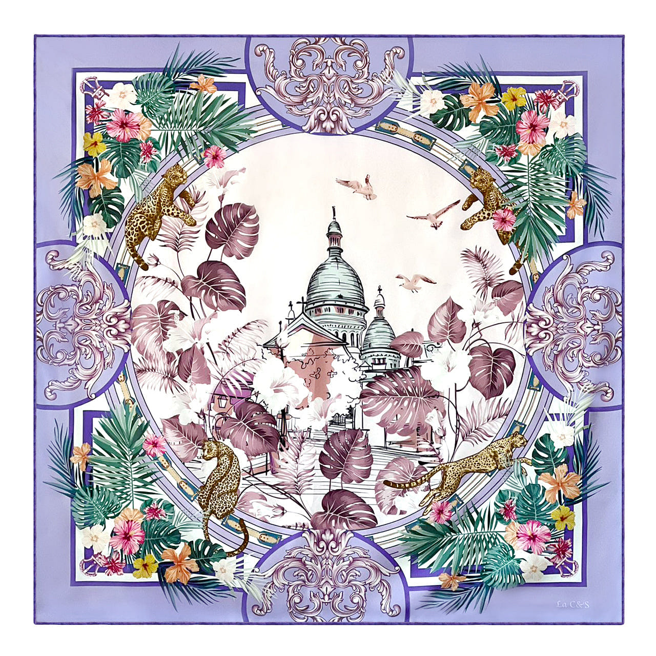 36x36" Hand-rolled Hem Silk Twill Scarf, Double-Sided Print, Violet 1 개입