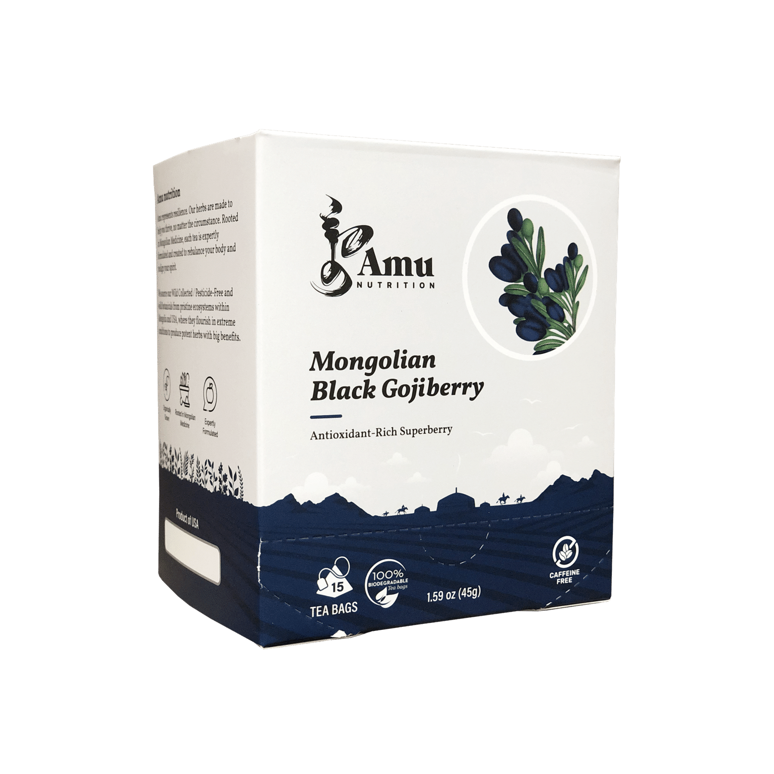Amu Nutrition - Mongolian Black Gojiberry- Non plastic 15 Teabags 1.59 ออนซ์