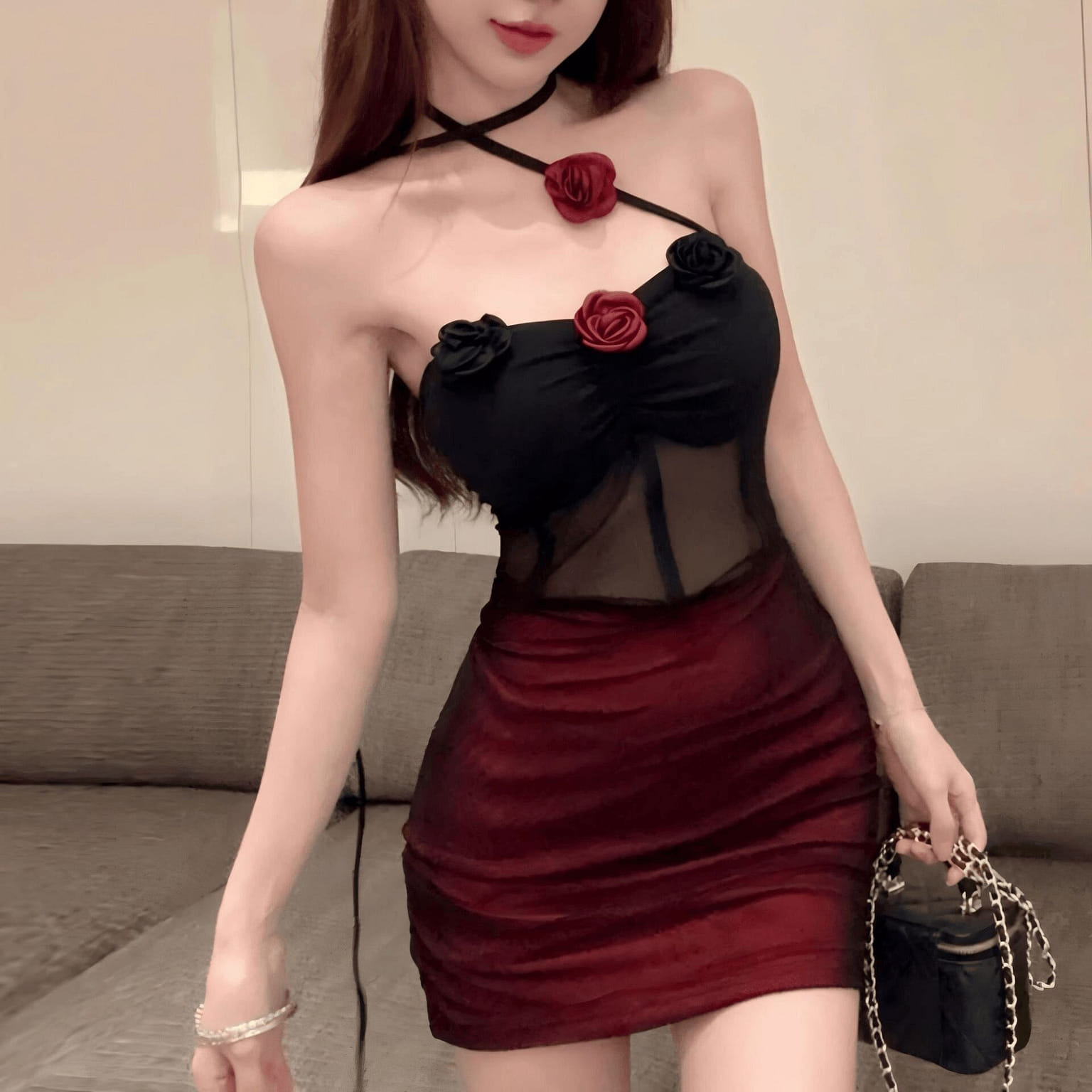 섹시하면서도 청초한 메쉬 파자마: 장미무늬 치요 1 개입