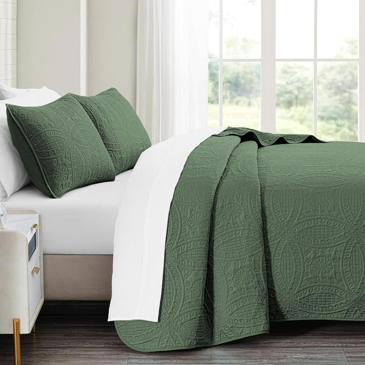 Queen Quilt Bedding Set,Olive Green Ultrasonic 1 each