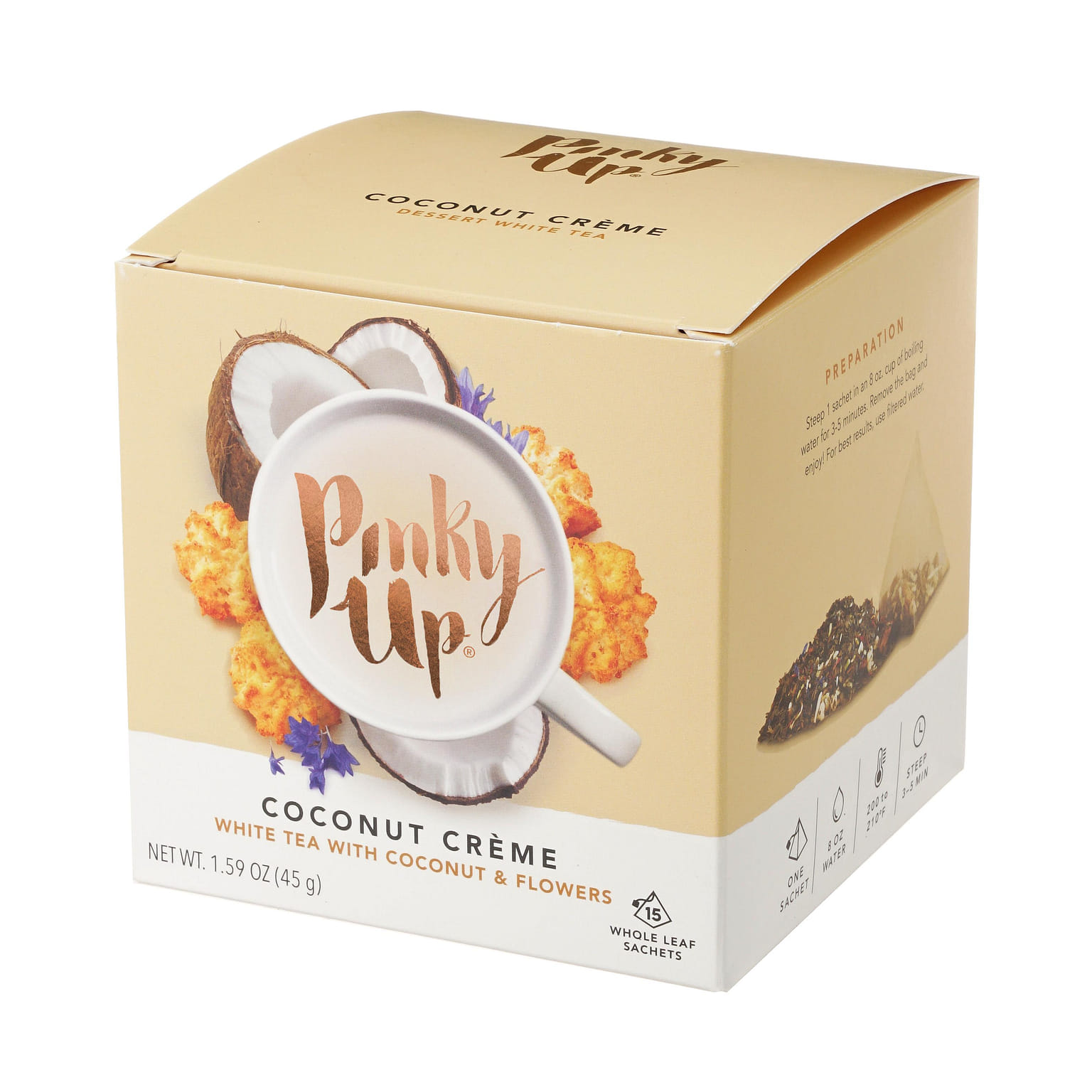 Pinky Up Coconut Crème Pyramid Black Tea Bags Sachet - 30 mg Caffeine Per Serving, NON-GMO & Gluten Free, Certified Kosher - 15 Biodegradable Whole Coconut Tea Bag 3 g