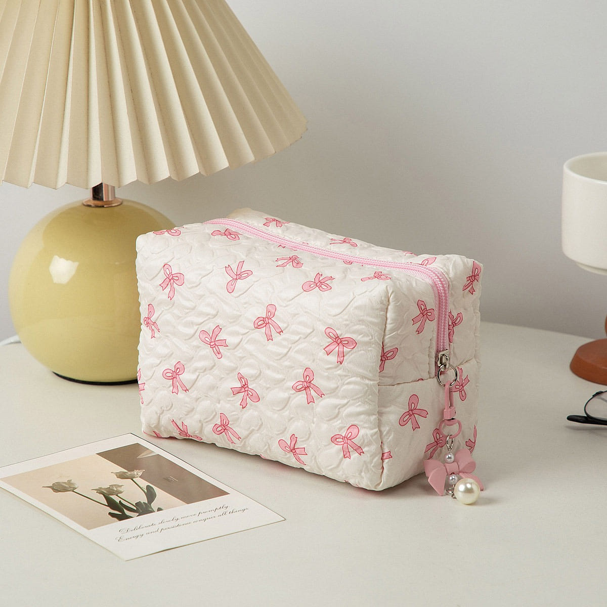 Bow Makeup Bag Pink and White Bow Pillow Bag 1 each