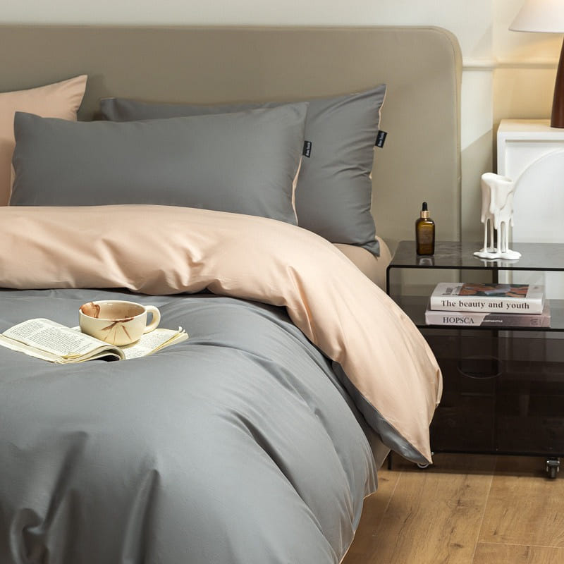 Bedding Set Queen Size Flat Sheetx1 Duvet Coverx1 Pillow Casex2 Grey+PeachPink 1 個