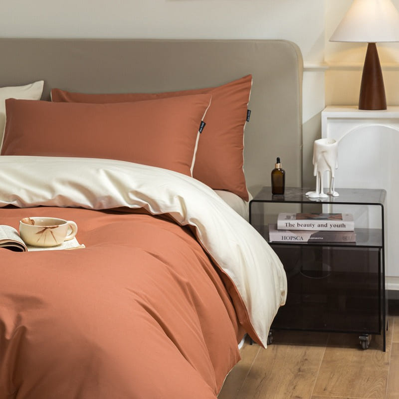 Bedding Set Queen Size Flat Sheetx1 Duvet Coverx1 Pillow Casex2 White+DeepOrange 1 個