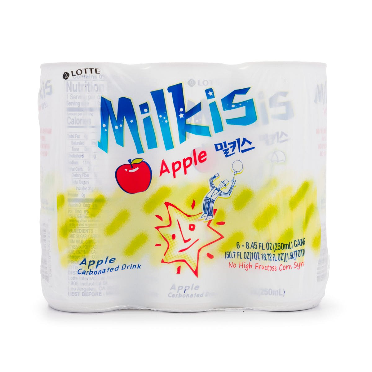 Lotte Milkis Carbonated Soft Drink, Apple Flavor, 8.45 fl oz 6-Packs 1 each