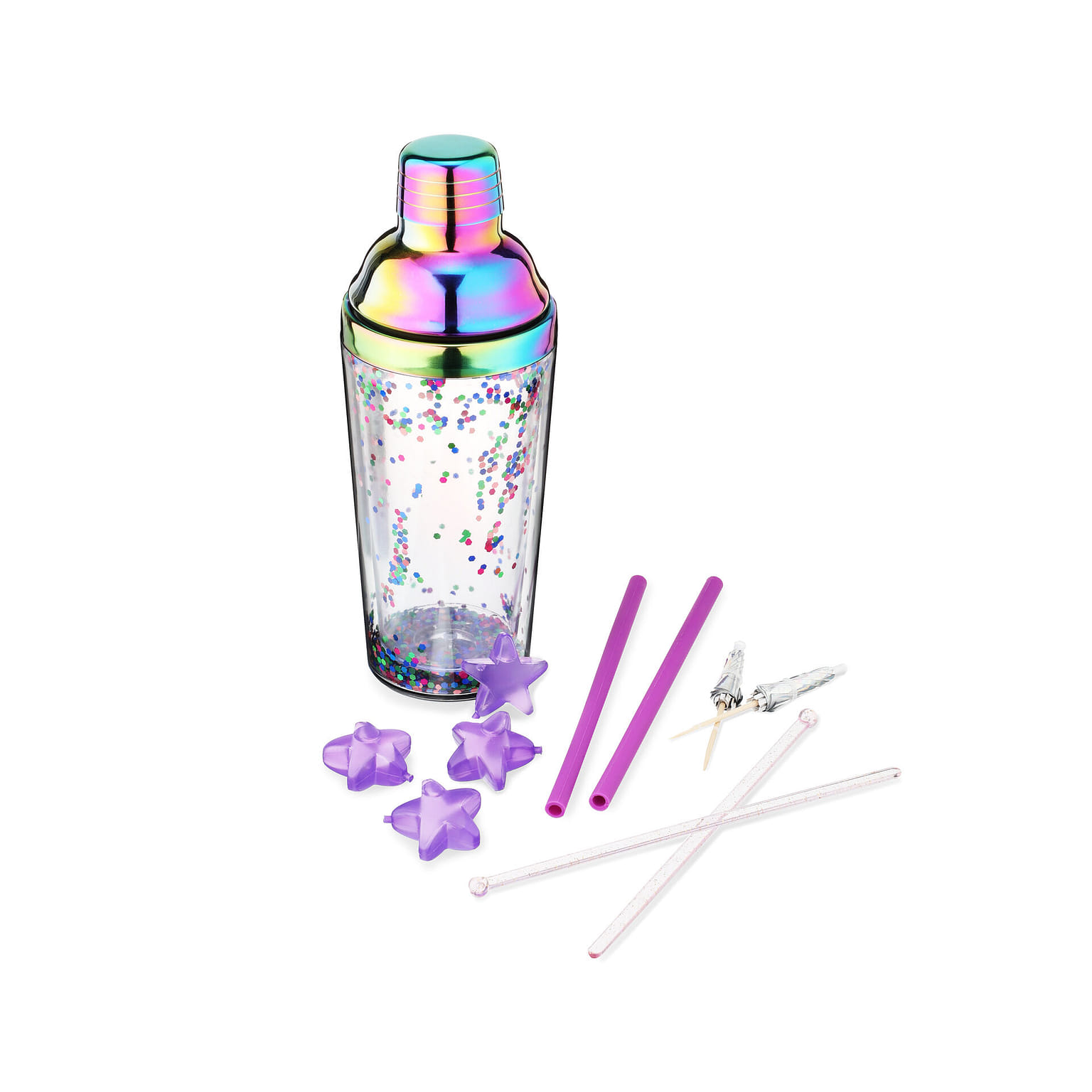 Blush Confetti Cute Barware Kit with Rainbow Iridescent Cobbler Shaker, Drink Toppers, Cocktail Picks, Ice Cube Drink Chillers, Multicolor Bar Accessories, Set of 11 16 온스