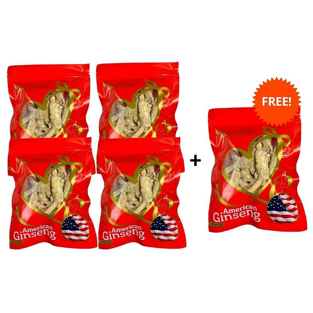 4 Bags Premium American Ginseng Original Root (4 oz.) + 1 Bag Free 5 อัน