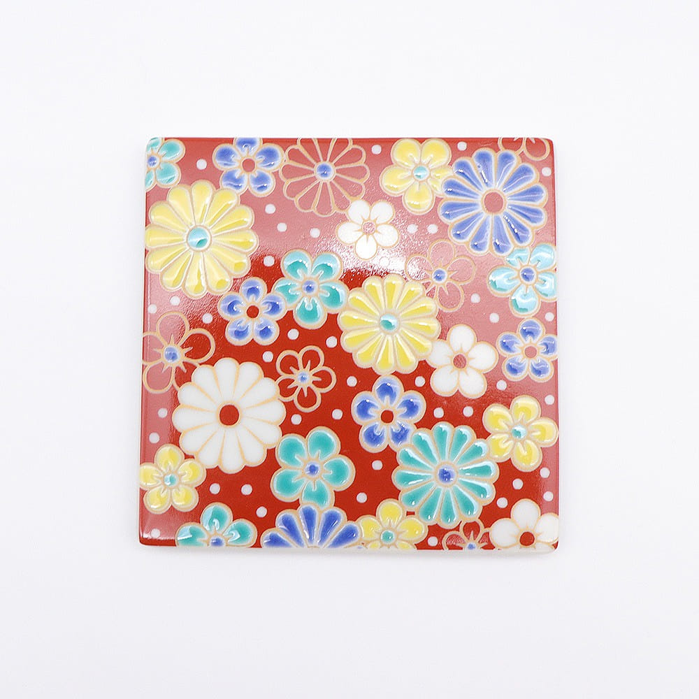 Kutani Ware Handmade Square Coaster (Plum Chrysanth,3.54" x 3.54") Made in Japan 1 個