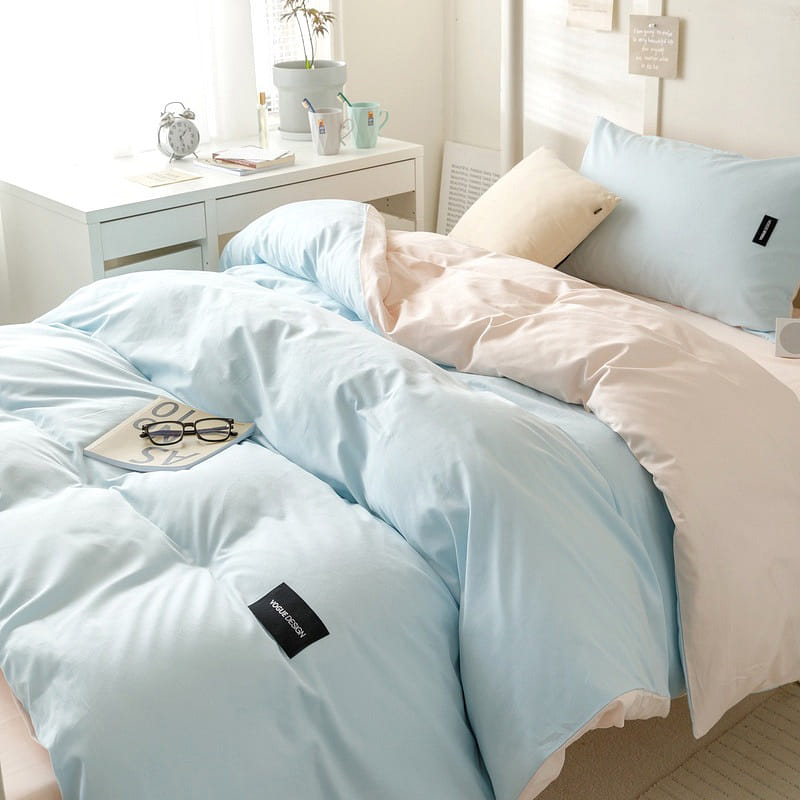 Solid Cotton Bedding Set Blue+Light Pink Large 1 each