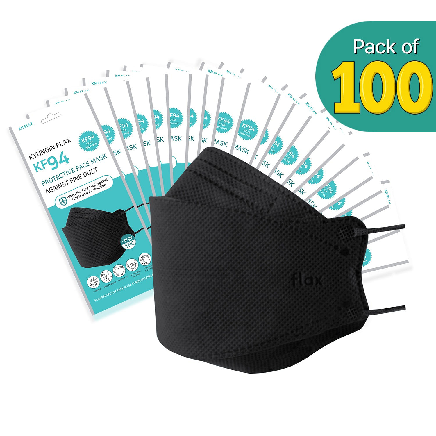 [100PCS] KN Flax KF94 BLK Mask | Made in Korea | FDA Registered 100 개