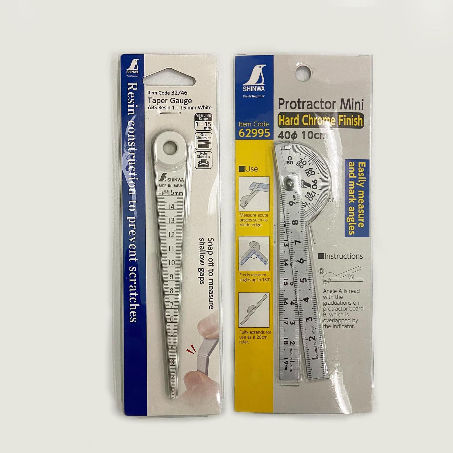 Shinwa Japanese Taper Gauge ABS Resin 1-15mm 1PC and Protractor Hard Chrome 1PC 1 박스