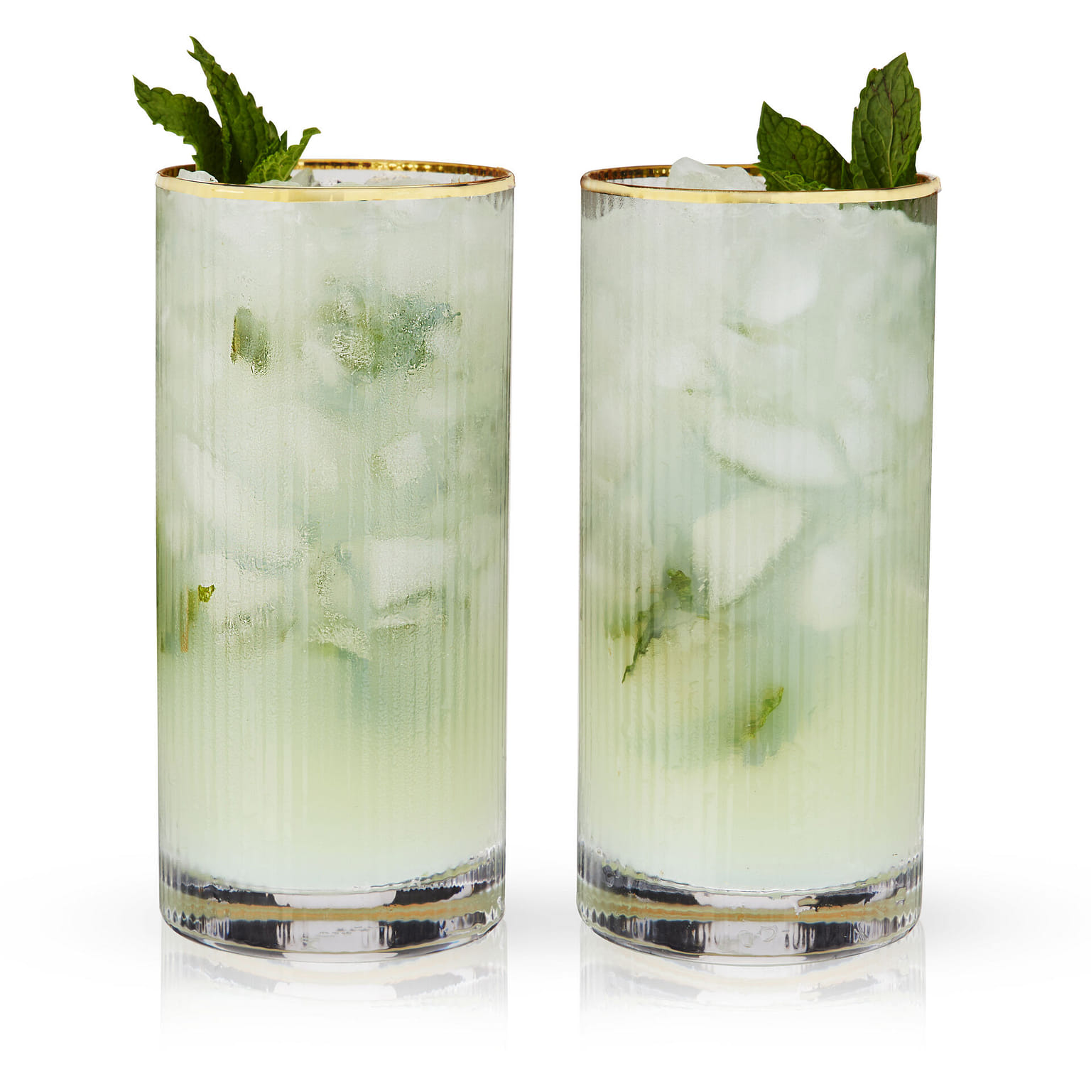 Viski Meridian Highball Glasses Set of 2 - Vintage Drinking Glass, Art Deco Ripple Glassware Design, 15oz Gold Rimmed Collins Glasses Set 15 oz