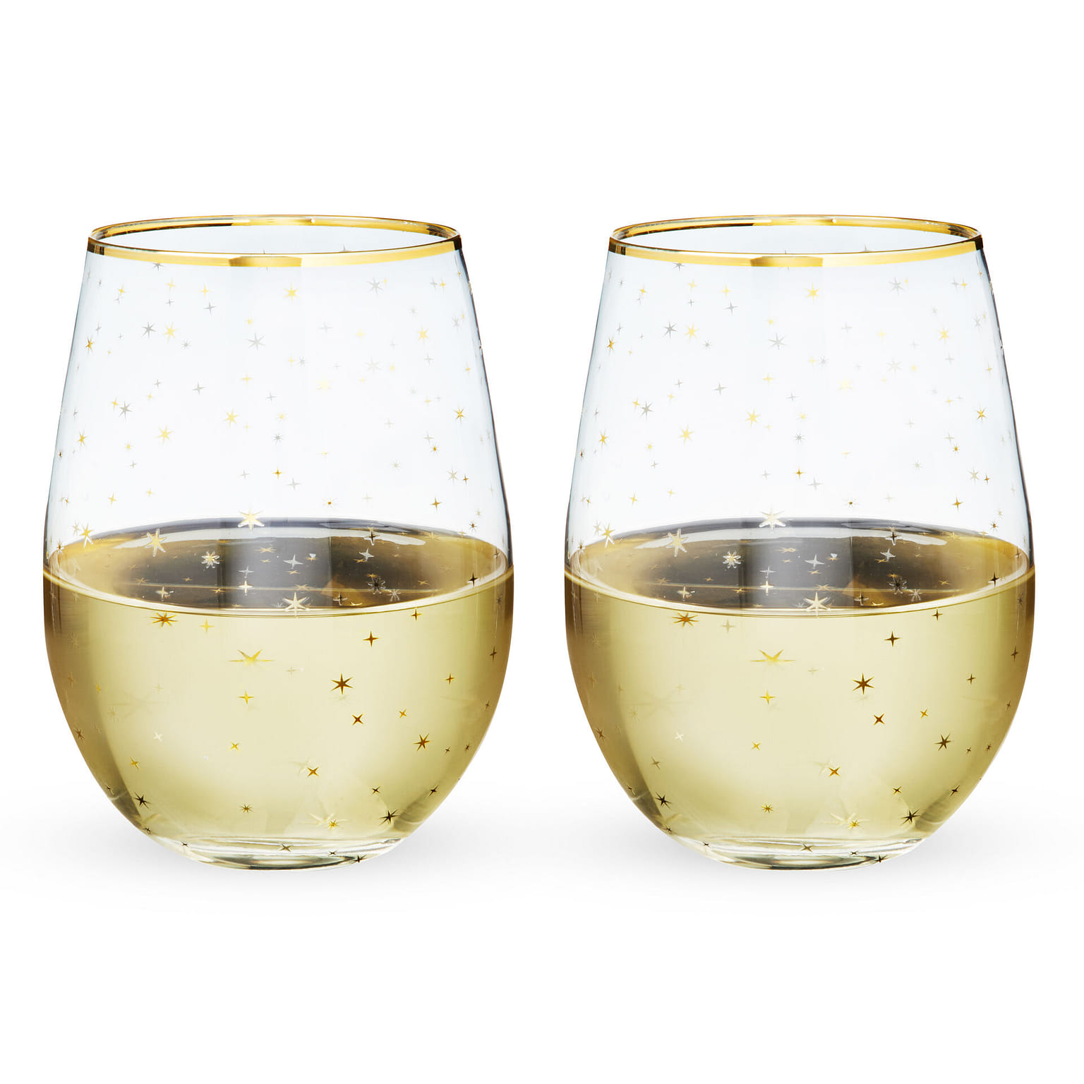 Twine Starlight Stemless Wine Glasses, 18 oz Festive Gold Rim Tumblers, Decorative Barware, Set of 2 18 オンス