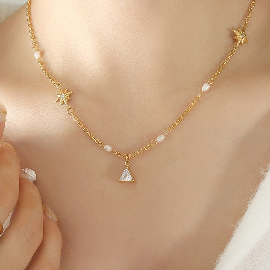Freshwater Pearl Geometric Star Pendant Necklace with Inlaid Design 5 파운드