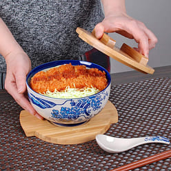 Happy Sales, Japanese Kamameshi Vintage Style Rice Noodle Ramen Bowl with Bamboo 28 oz