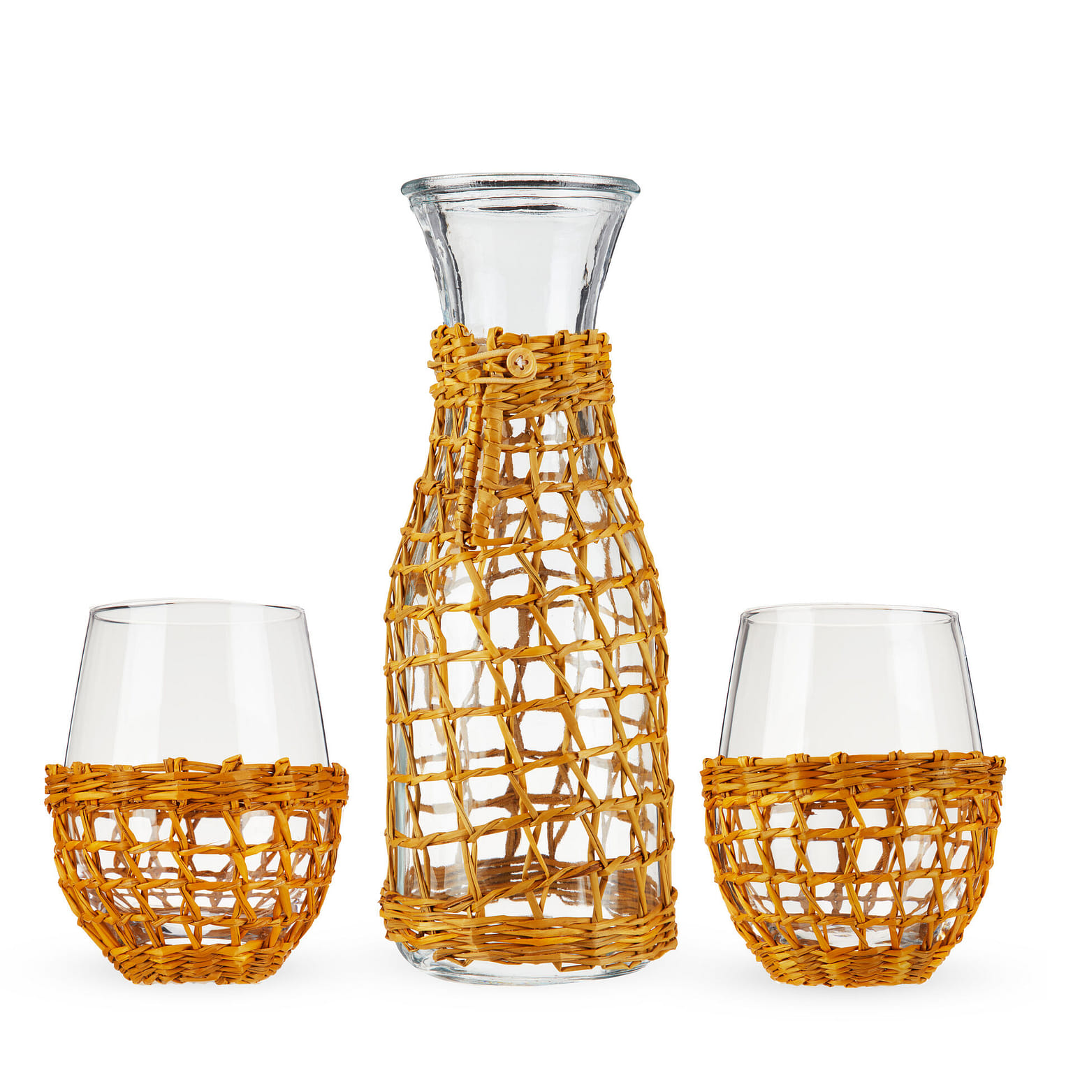 Twine Island Wine Glasses with Carafe, Stemless Glassware with Seagrass Wrap for Night Stand, Dishwasher Safe, 16 Oz, 37.5 Oz, Set of 3 3 each