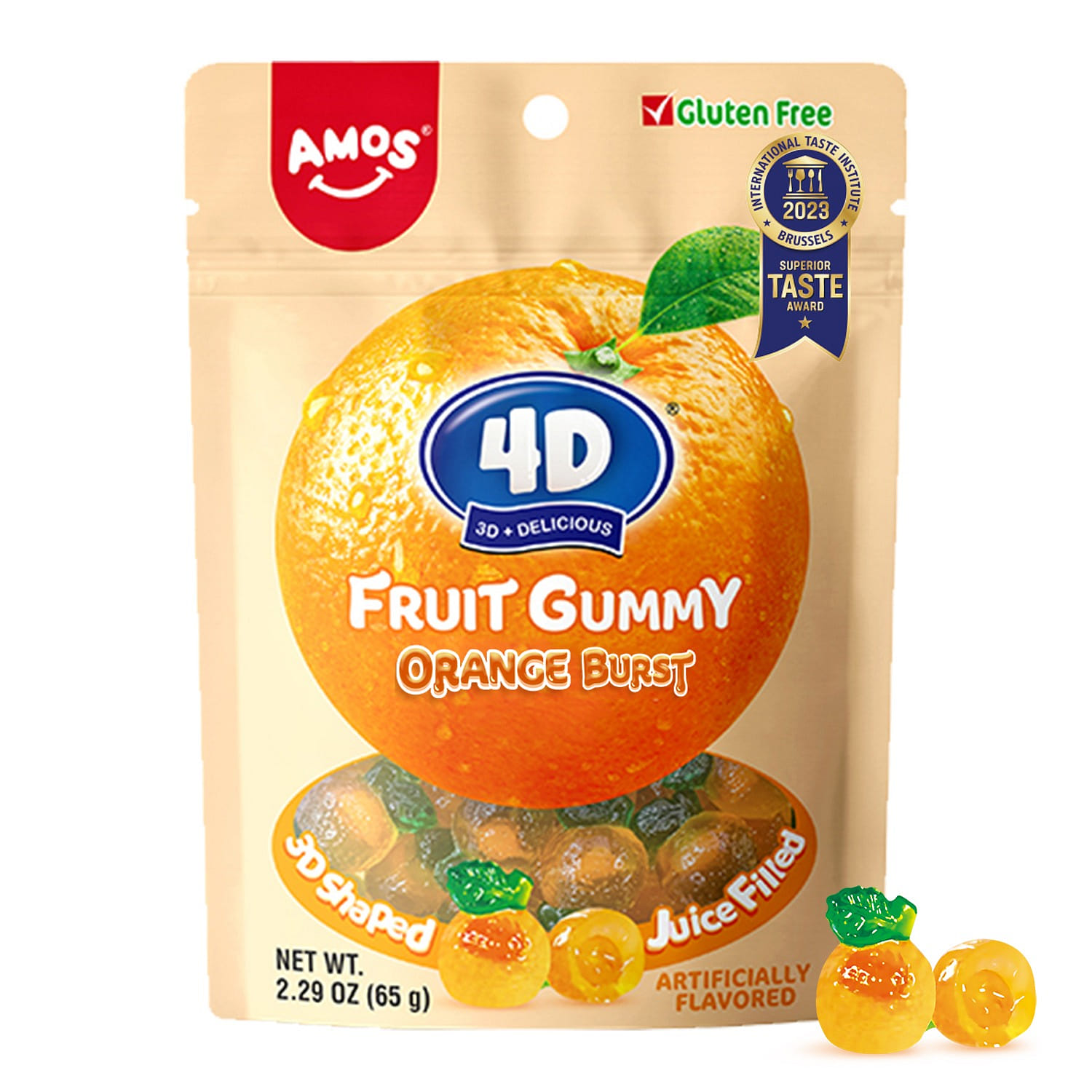 Amos 4D Fruit Gummy Orange Burst,Fruity Snacks Jelly Filled Gummies 1pack 2.29 oz