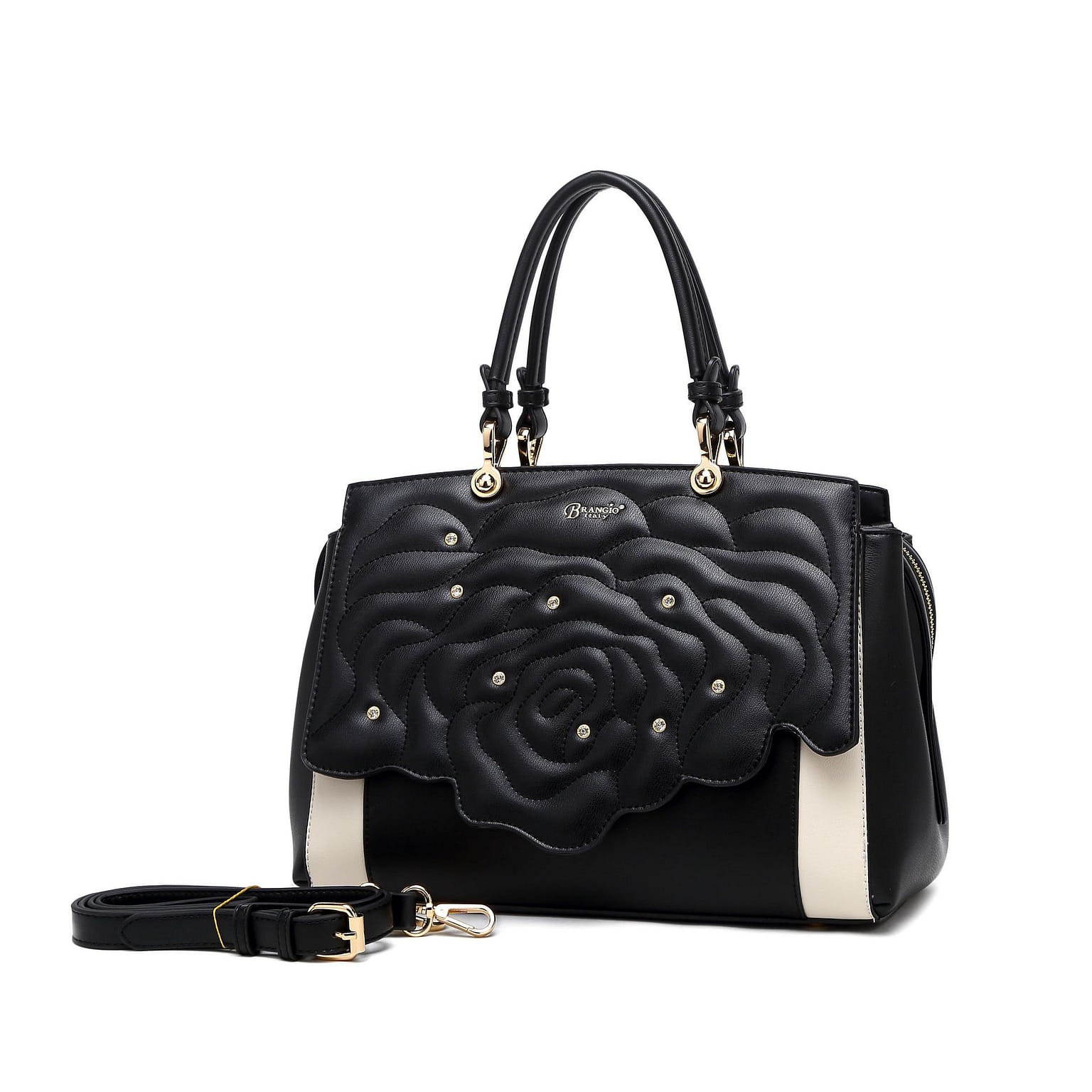 Rosette 3d Crystal Vegan Leather Metallic Handbag Knight [RA8523-BK] 1 ส่วน