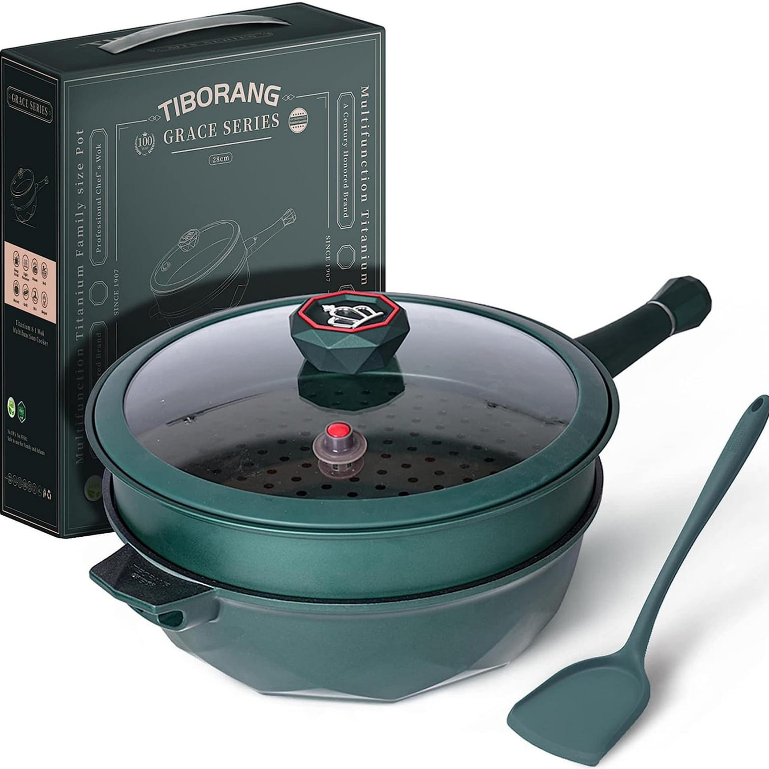 Chảo rán chống dính Tiborang 11" có nắp, chảo sâu 5 lít có xửng hấp (màu xanh l) 5.7 pao