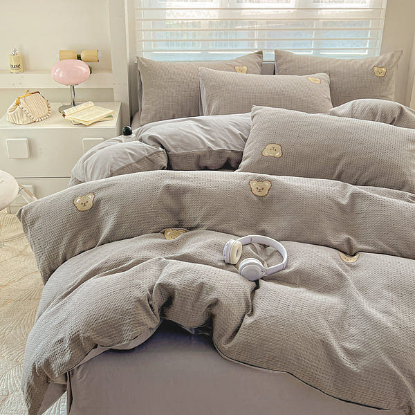 Teddy Waffle Bedding Set(Fitted) Ash Gray-Queen 2000 g