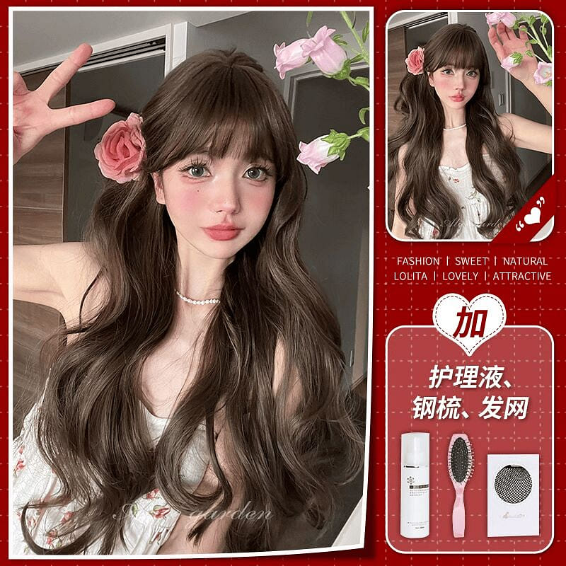 AG假髮女長卷發榛果灰棕+護理液+粉色鋼梳 1 个