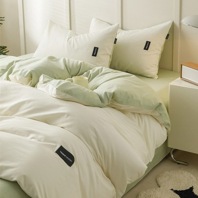 Bedding Set Flat Sheetx1 Duvet Coverx1 Pillow Casex2 White+Green 1 ส่วน
