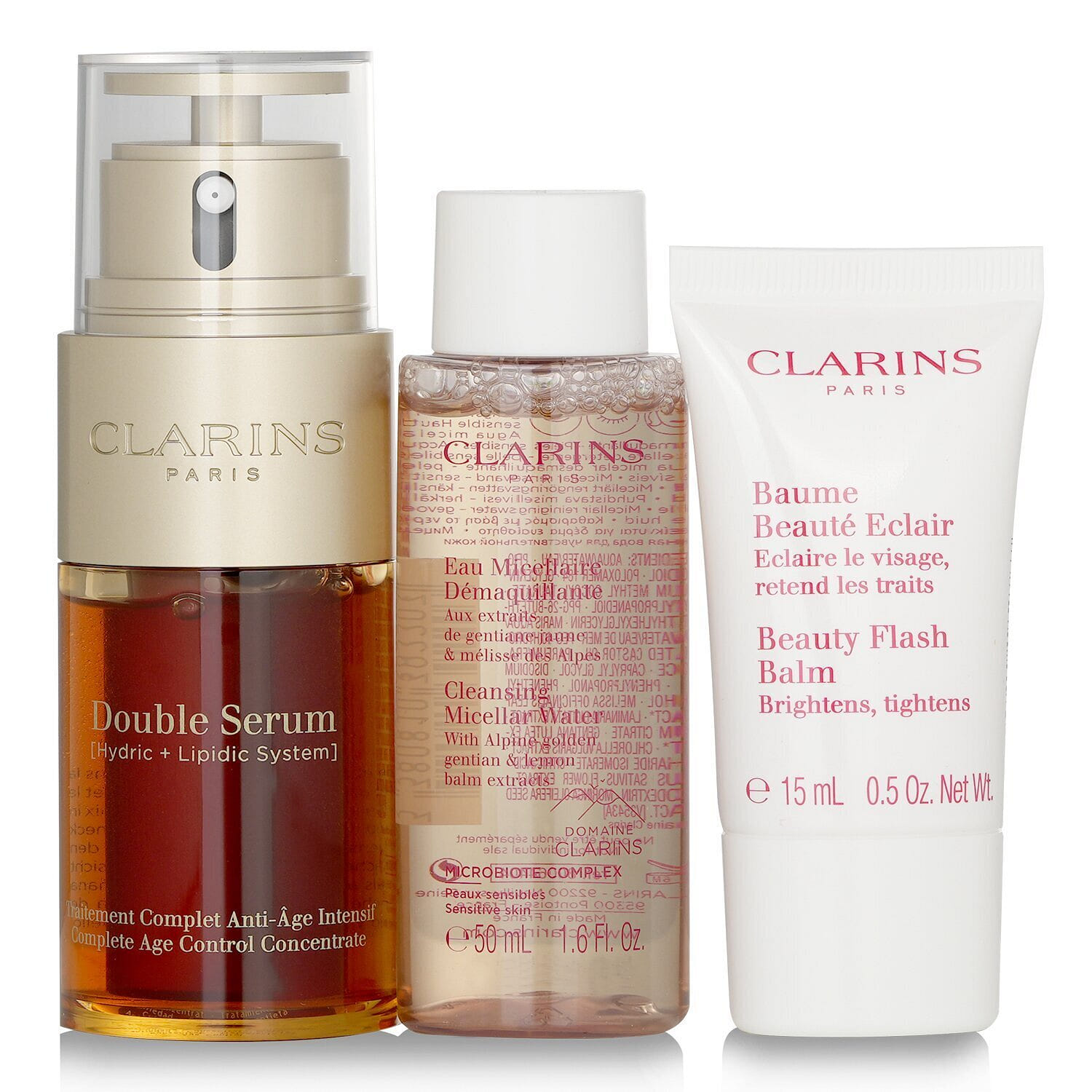Clarins Youthful Radiance Set: Double Serum 30ml+ Cleansing Micellar Water 50ml+ Beauty Flash Balm 15ml 3pcs 3 개